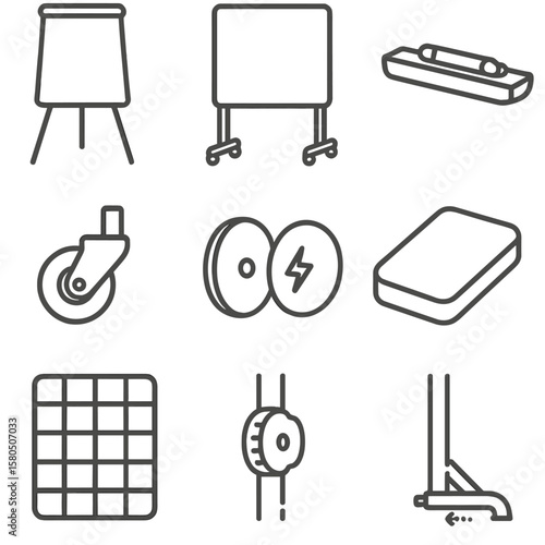 Mobile Whiteboard Icons. Outline style icons of Mobile Whiteboard Panels: flip chart easel, dry-erase board, marker tray, caster
