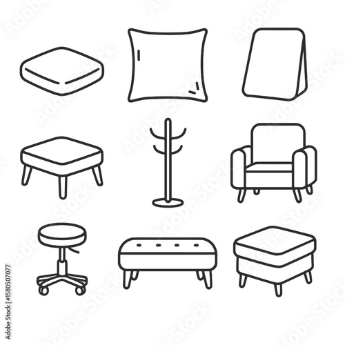 Fitting Room Icons. Outline style icons of Fitting Room Seating: cushion pad, throw pillow, backrest pad, footrest stool, coatrest