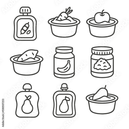 Organic Baby Food Icons. Outline style icons of Organic Baby Food: pureed pea pouch silhouette, carrot puree tub silhouette, apple