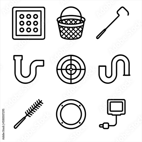 Factory Drain Icons. Outline style icons of Factory Floor Drains: drain grate, strain basket, drain cleaning rod, trap seal primer