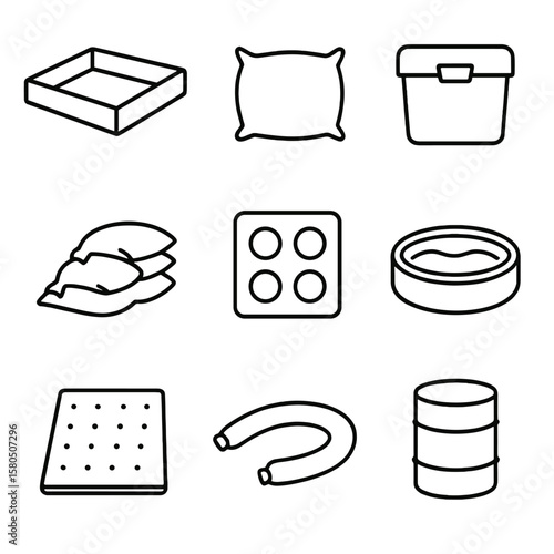 Spill Containment Icons. Outline style icons of Spill Containment & Absorption: containment berm, absorbent pillow, spill kit box,