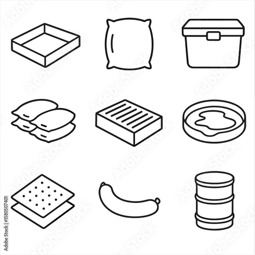 Spill Containment Icons. Outline style icons of Spill Containment & Absorption: containment berm, absorbent pillow, spill kit box,