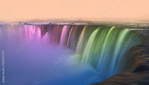Rainbow mist cascades from waterfall in dreamy, glowing forest landscape