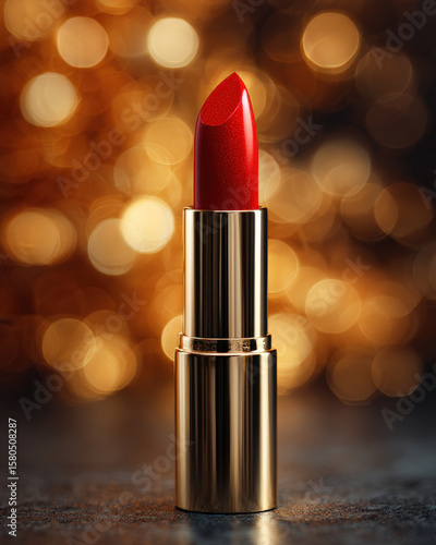 Luxurious red lipstick in gold bullet casing, beautifully showcased against dark gold bokeh background, exuding elegance and glamour. This stunning product is perfect for enhancing beauty