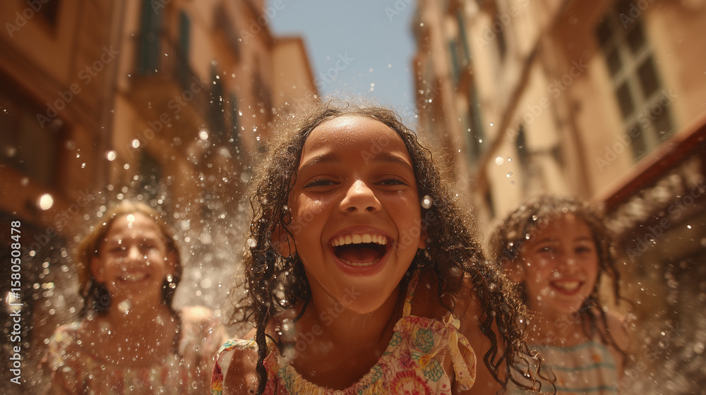 Obraz premium Joyful Children Playing at Fiestas de San Lorenzo Street Festival in Summer Celebration