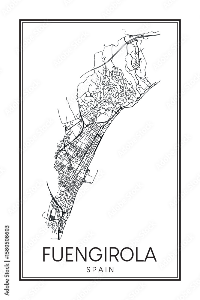 Obraz premium Hand drawn printable downtown road map poster of the Spanish city of FUENGIROLA on solid white background with city name