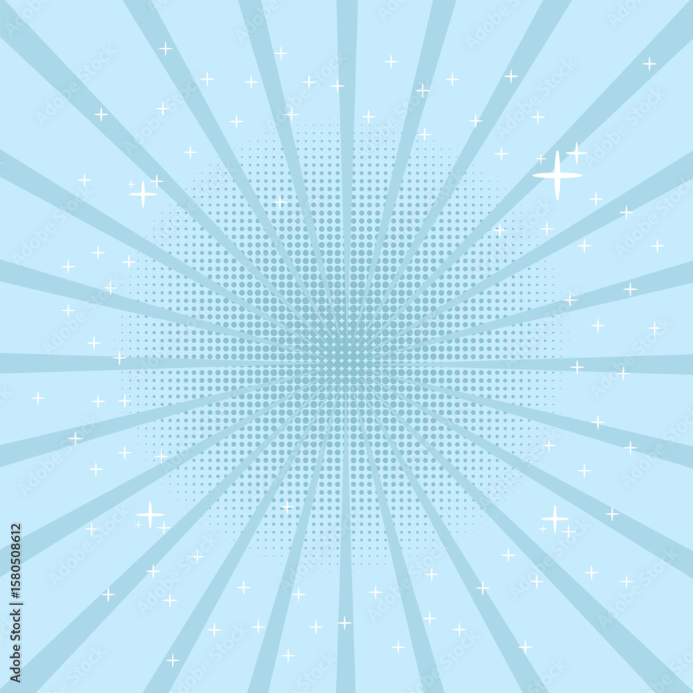 Obraz premium Abstract blue sunburst background with dotted halftone center, white cross sparkles, and clean radial rays. Perfect for posters, banners, or modern visual designs.