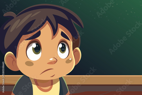 A boy hesitates near the blackboard, biting his lip, eyes down — shyness and anxiety