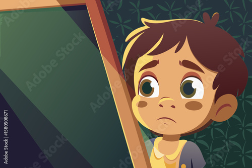 A boy hesitates near the blackboard, biting his lip, eyes down — shyness and anxiety