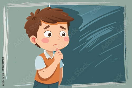 A boy hesitates near the blackboard, biting his lip, eyes down — shyness and anxiety