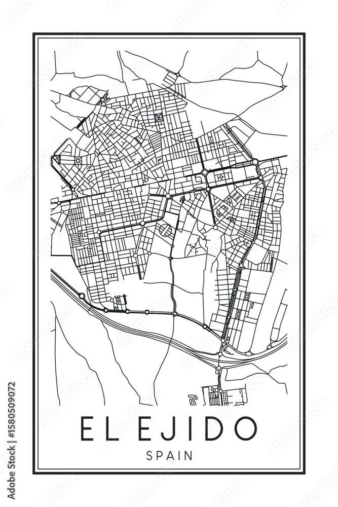 Fototapeta premium Hand drawn printable downtown road map poster of the Spanish city of EL EJIDO on solid white background with city name