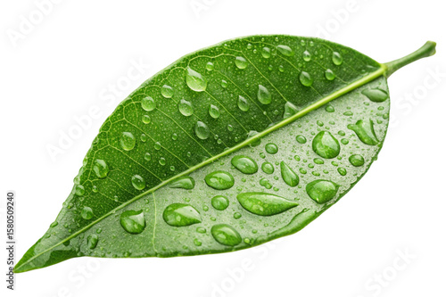 Close up of a vibrant green leaf with many water droplets isolated on transparent background