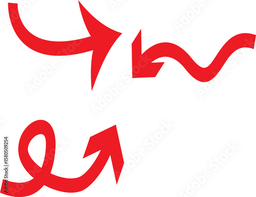 Collection of three dynamic red arrows pointing in different directions on a white background