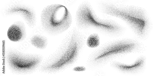 Set of abstract grainy shapes, dotted wavy noise sand spray, black ink dot textures form dynamic blobs, gradient shadows and curved forms. Vector graphic elements for banner, poster, background.