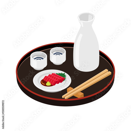 Flat Japanese Round Tray with Sake Set and Tuna Sashimi — Isometric Vector Illustration