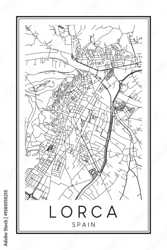 Hand drawn printable downtown road map poster of the Spanish city of LORCA on solid white background with city name Hand drawn printable downtown road map poster of the Spanish city of LORCA on solid white background with city name