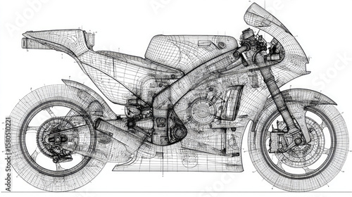 Detailed wireframe illustration showcasing a futuristic motorcycle design on a clean white background