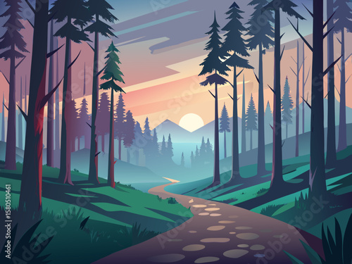 Peaceful forest path winding through trees towards a misty mountain sunrise