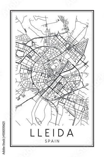 Hand drawn printable downtown road map poster of the Spanish city of LLEIDA on solid white background with city name