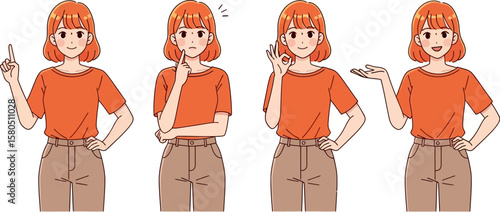 Cartoon woman vector illustration showing different poses and expressions