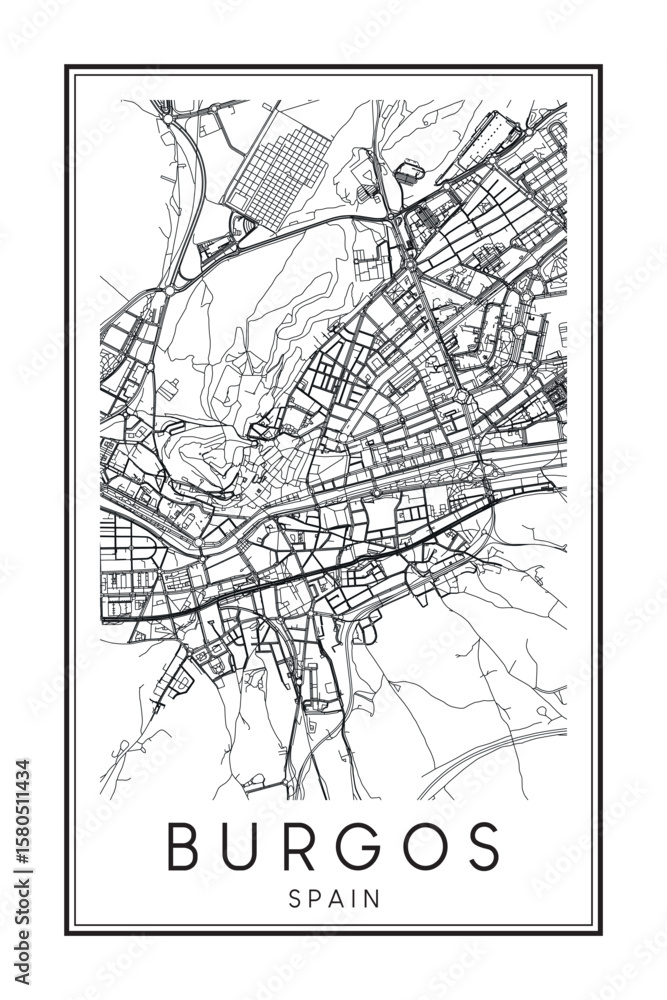 Obraz premium Hand drawn printable downtown road map poster of the Spanish city of BURGOS on solid white background with city name