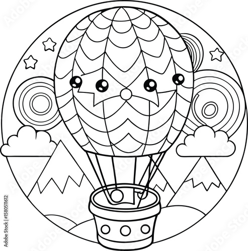 Scenic hot air balloon ride over green hills with stylized shapes Vector illustration