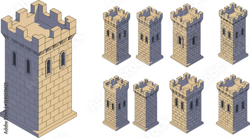 Isometric castle tower vector assets for game development and architectural use