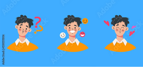 Boy man with different emotions flat cartoon graphic design illustration set 