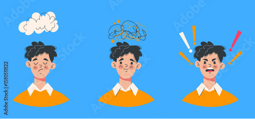 Boy man with different emotions flat cartoon graphic design illustration set 