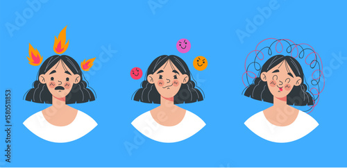People girl woman with different emotions flat cartoon graphic design illustration set