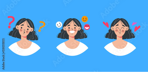 People girl woman with different emotions flat cartoon graphic design illustration set