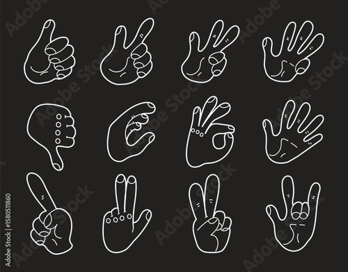 Hand arm different cartoon gesture isolated on white background set. Modern simple line outline style. Vector cartoon graphic design element illustration