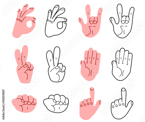 Hand arm different cartoon gesture isolated on white background set. Modern simple line outline style. Vector cartoon graphic design element illustration