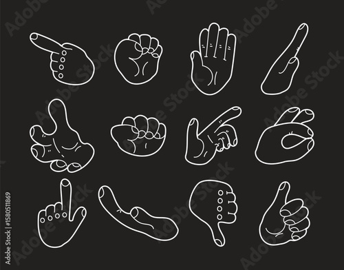 Hand arm different cartoon gesture isolated on white background set. Modern simple line outline style. Vector cartoon graphic design element illustration