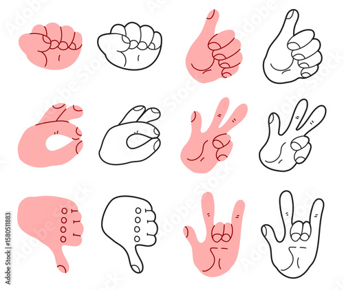 Hand arm different cartoon gesture isolated on white background set. Modern simple line outline style. Vector cartoon graphic design element illustration