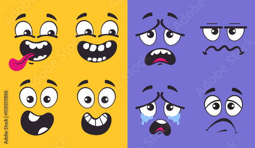 Retro cartoon style character happy and sad face expression comic concept. Vector graphic design illustration element