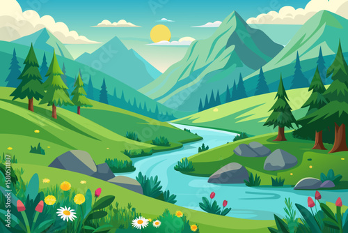 Serene mountain valley landscape with a winding river and lush green hills