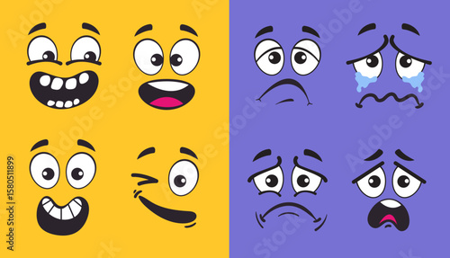 Retro cartoon style character happy and sad face expression comic concept. Vector graphic design illustration element