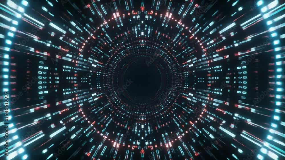 A mesmerizing digital artwork depicting a tunnel of light and data streams. It evokes a sense of futuristic travel and technological advancement. loop video 4k
