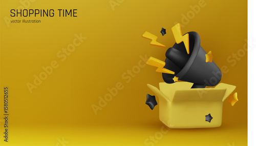 3D vector illustration of a yellow shopping basket with a black megaphone and discount symbols. Perfect for promoting sales, special offers, and marketing campaigns.