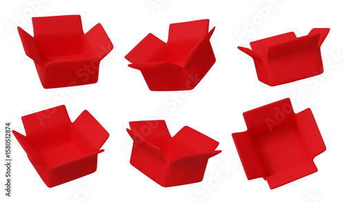 Collection of isometric open boxes on white background. Ideal for delivery, shipping, packaging, and online store visuals.