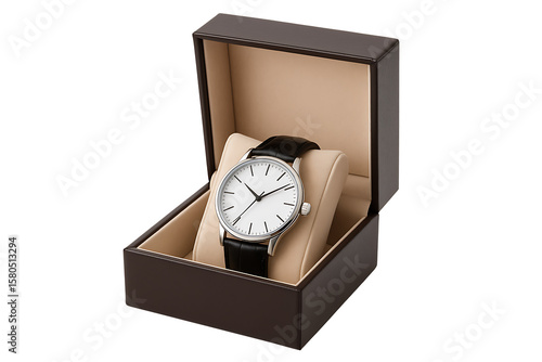 Luxury wristwatch with black leather strap in gift box isolated on transparent background