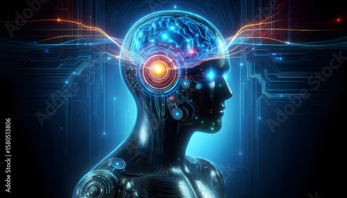 A futuristic human wearing a neurotech headset with glowing AI signals