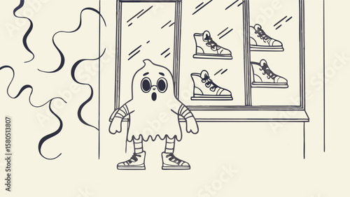 A cartoon ghost looks surprised at the shoes displayed in the shop window on a light background