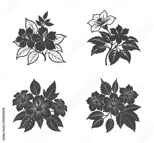 Cluster of Blooming Hibiscus Flowers with Unopened Buds in Elegant Silhouette Botanical Floral Design