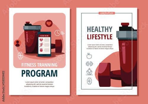 Set Flyer leaflet, templates with Shaker, dumbbells and mobile phone on red background. Sports equipment with fitness icons.