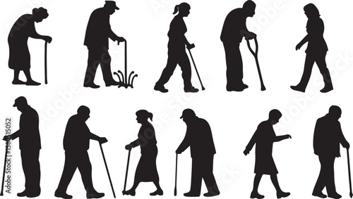 Elderly people walking with canes silhouettes