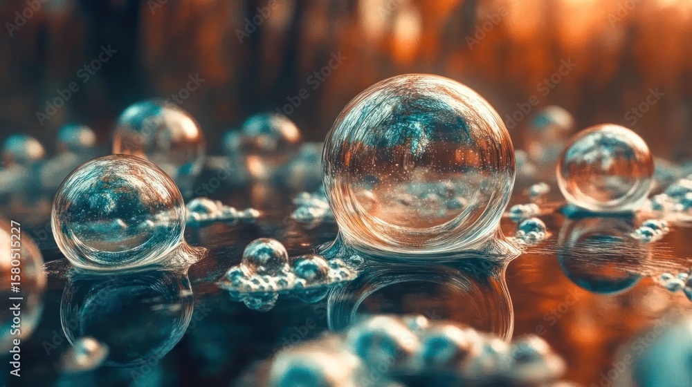 Naklejka premium Bubbles reflecting a landscape