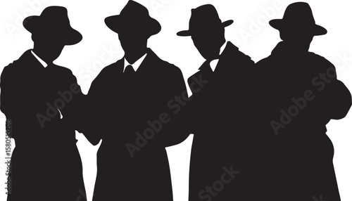Four men in fedoras and trench coats fedora hats suits