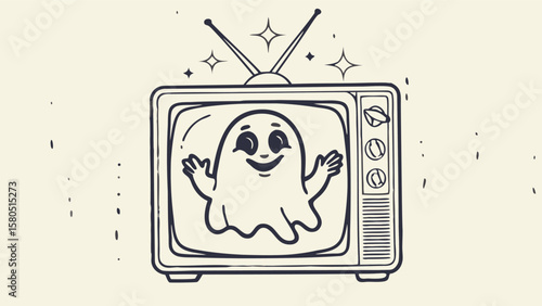 A vintage television set displaying a cartoon ghost with sparkles and antenna on a light background